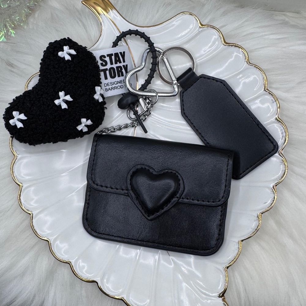 Black Heart Card Case - Faux Leather and Plush Heart Charm